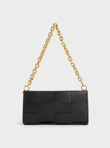 Woven Chain-Handle Bag, Black, hi-res