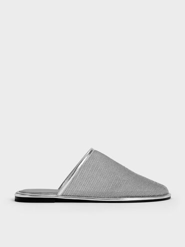 Mules planos de malla con empeine alto, Plateado, hi-res