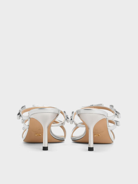 Jessy Metallic Leather Bow Heeled Sandals, Silver, hi-res