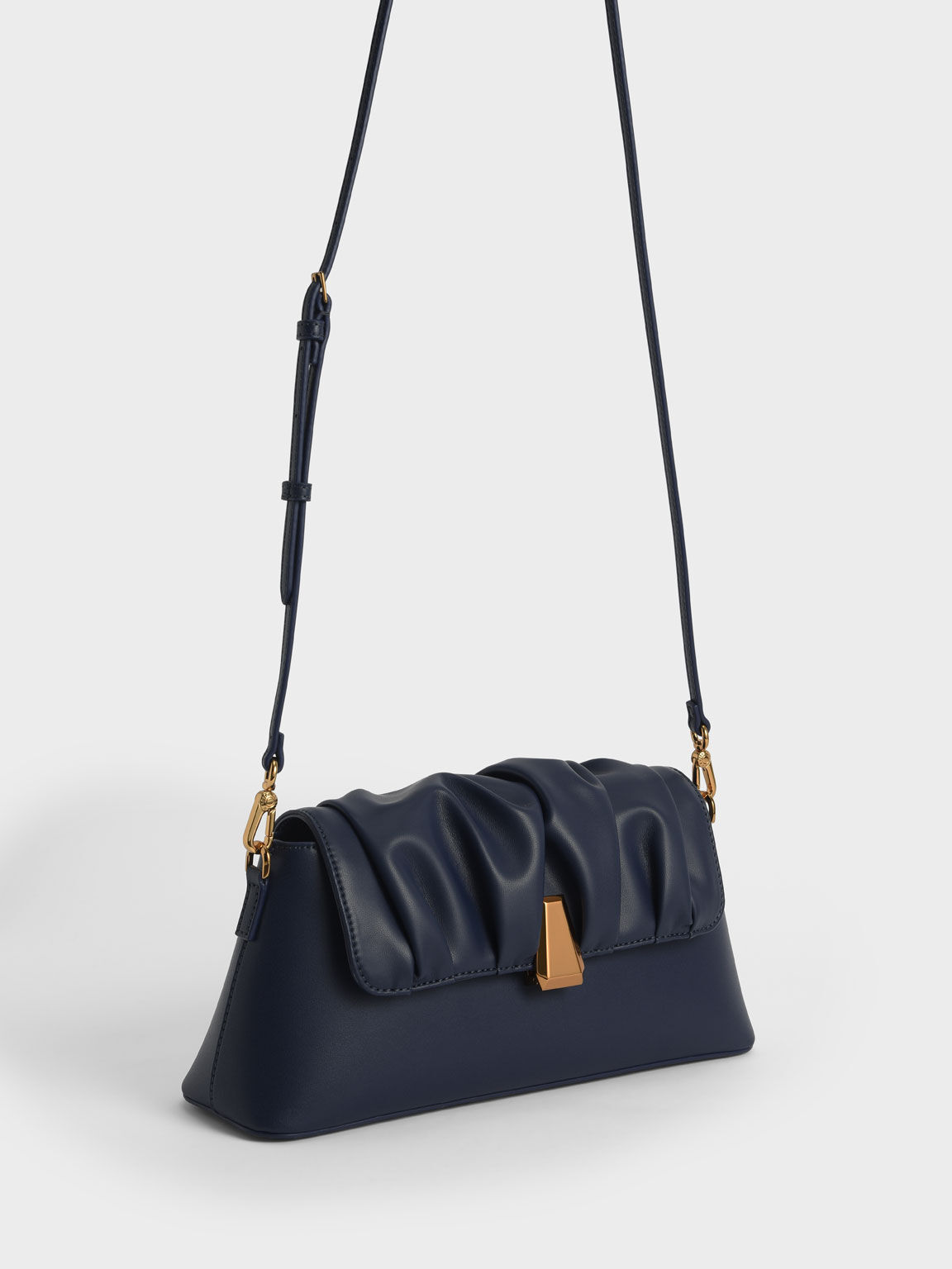 Beaded Strap Ruched Trapeze Bag - Navy
