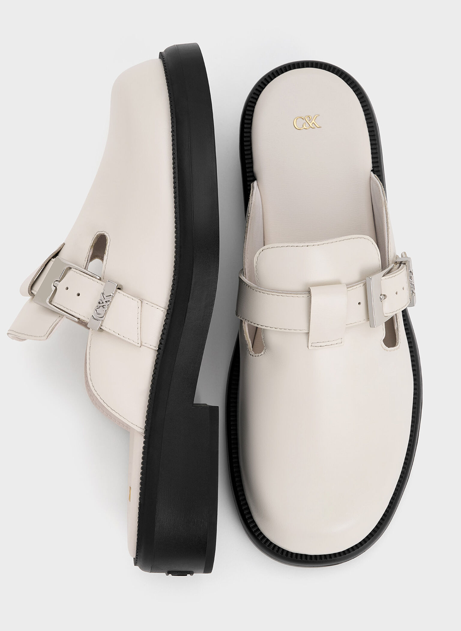 Leather Buckled Mules, Chalk, hi-res