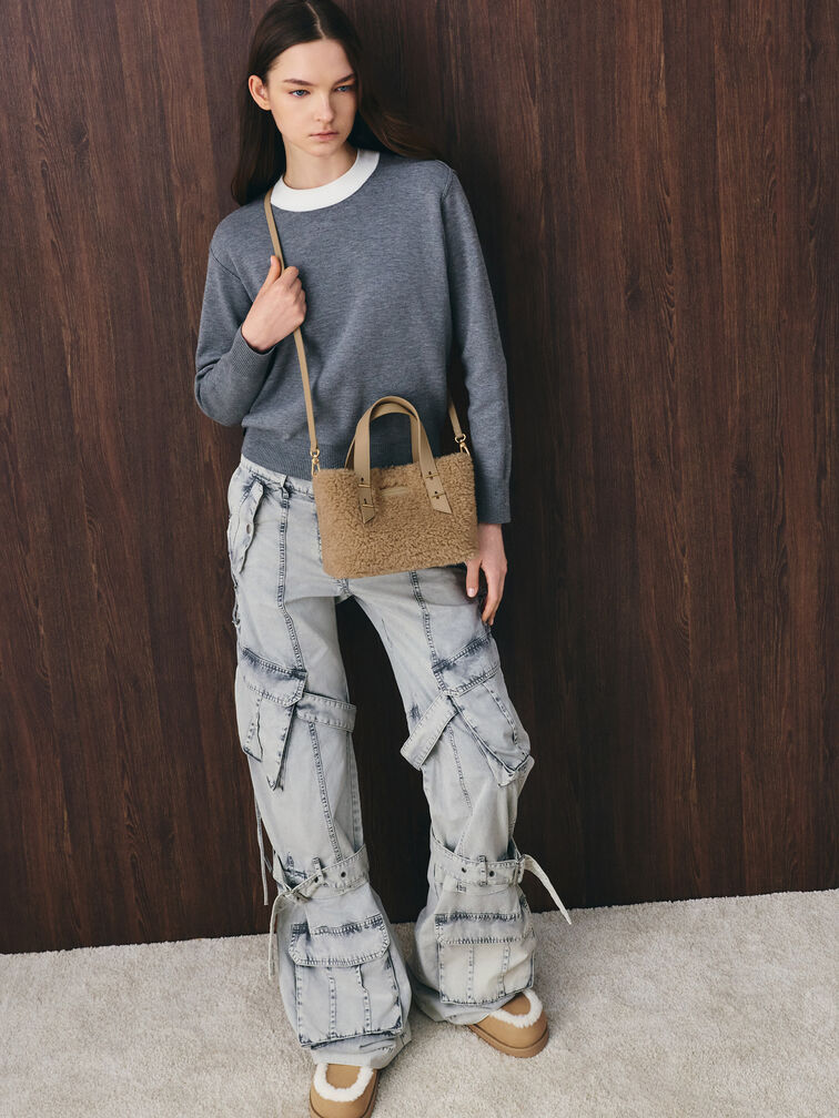 미니 샤니아 인조 시어링 더블 핸들 토트백, 넛맥 베이지, hi-res