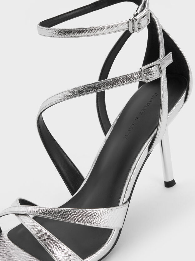 Metallic Asymmetric Strappy Heeled Sandals, Silver, hi-res