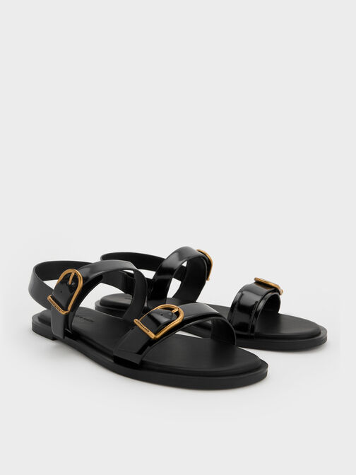 Double Buckle-Strap Slingback Sandals, Black Box, hi-res