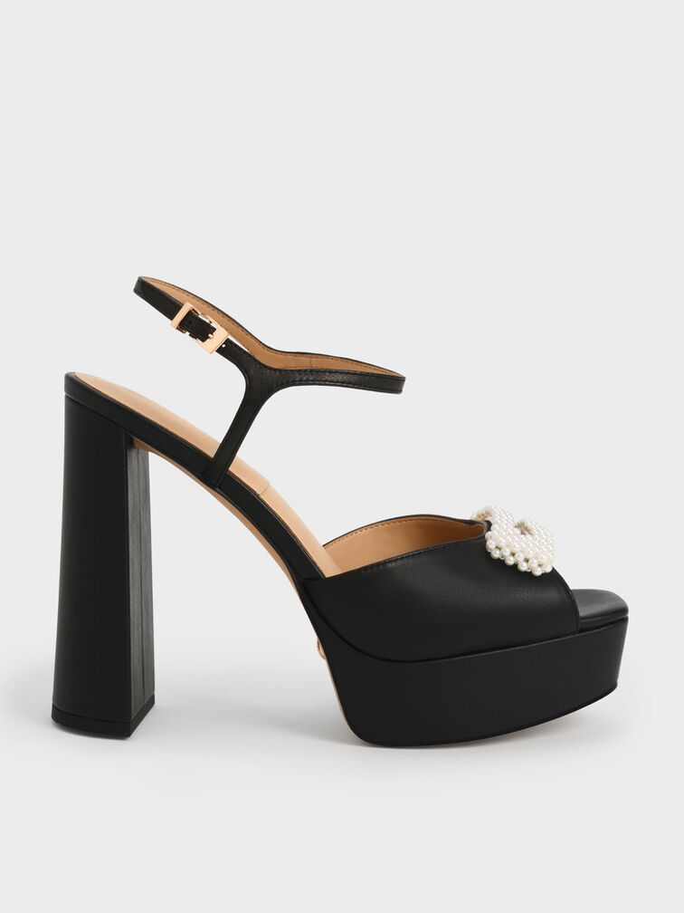 Bead-Embellished Leather Platform Sandals, Black, hi-res