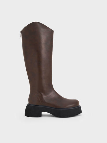 Cowboy Platform Knee-High Boots, Dark Brown, hi-res