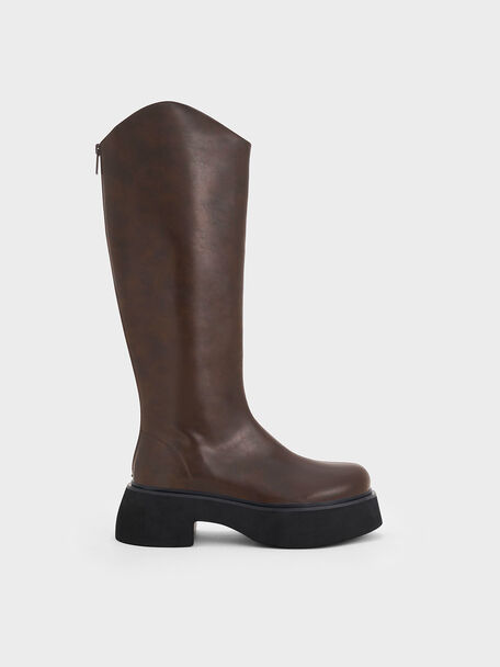 Cowboy Platform Knee-High Boots, Dark Brown, hi-res