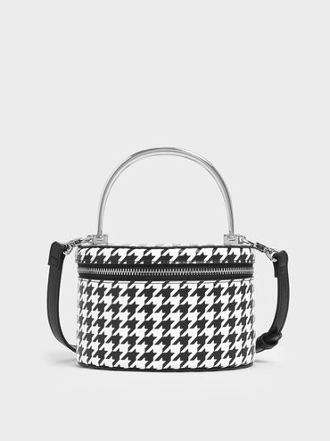 Metal Top Handle Houndstooth Print Round Structured Bag, Multi, hi-res