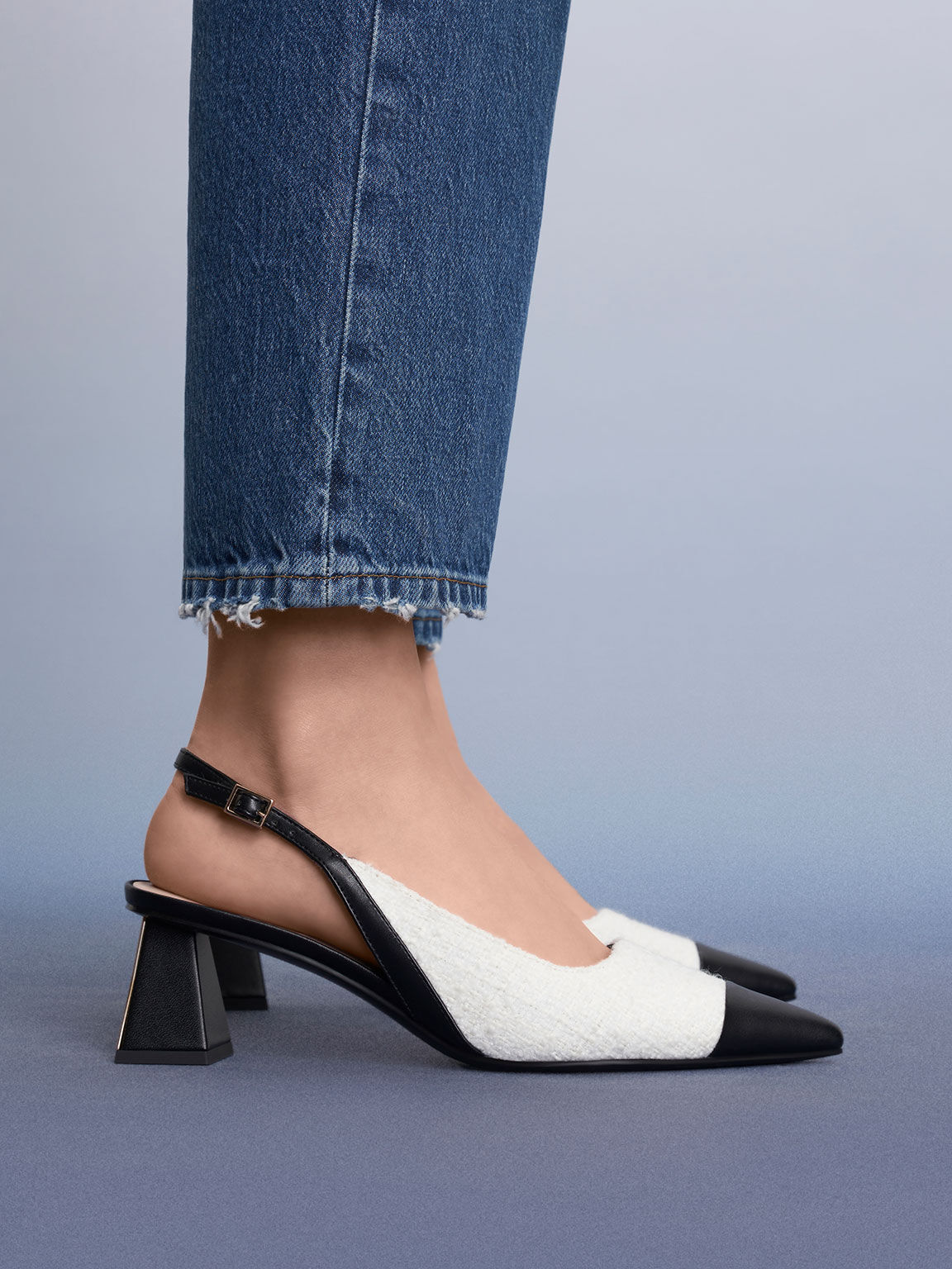 Tweed Toe Cap Slingback Pumps White