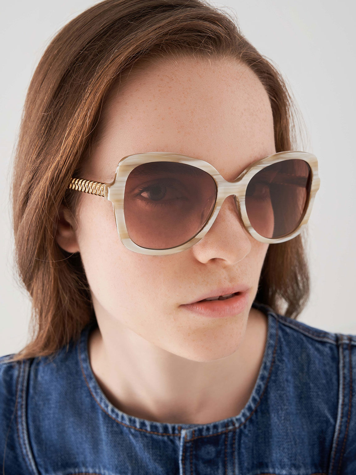 Recycled Acetate Braided Temple Butterfly Sunglasses, Cream, hi-res