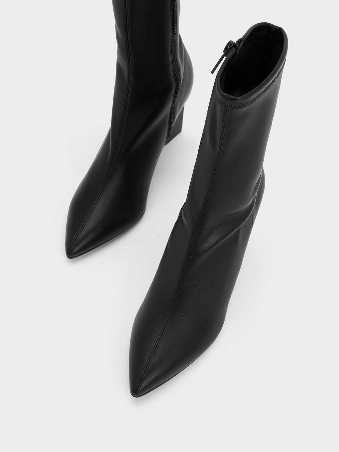 Pointed-Toe Wedge Ankle Boots - Black