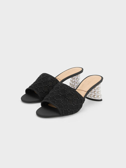 Beaded Heel Crochet Mules, Black, hi-res