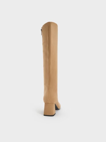 Faux Suede Square-Toe Side-Zip Knee-High Boots, Sand, hi-res