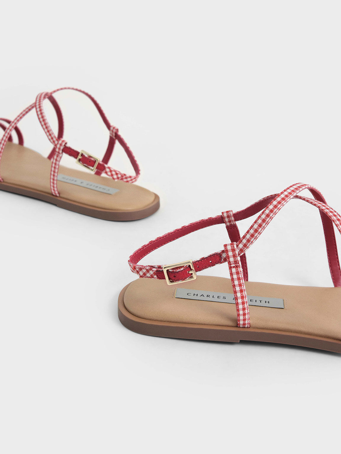 Check-Print Strappy Flat Sandals, Red, hi-res