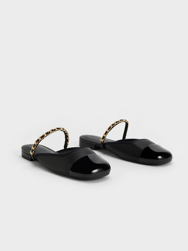 Mules de charol con correa de cadena, Negro, hi-res