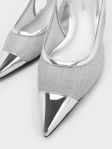 Tacones bajos metálicos de malla con punta abierta, Plateado, hi-res