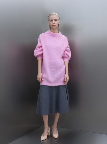 Bow Pointed Cap-Toe Pumps, Pink, hi-res