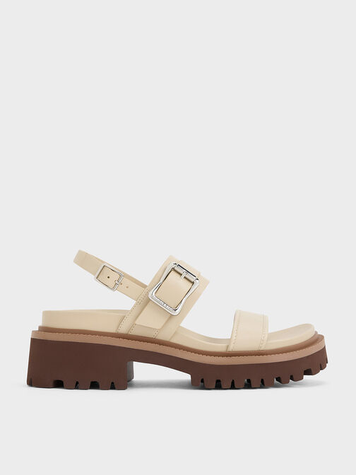 Buckled Platform Slingback Sandals, Taupe, hi-res