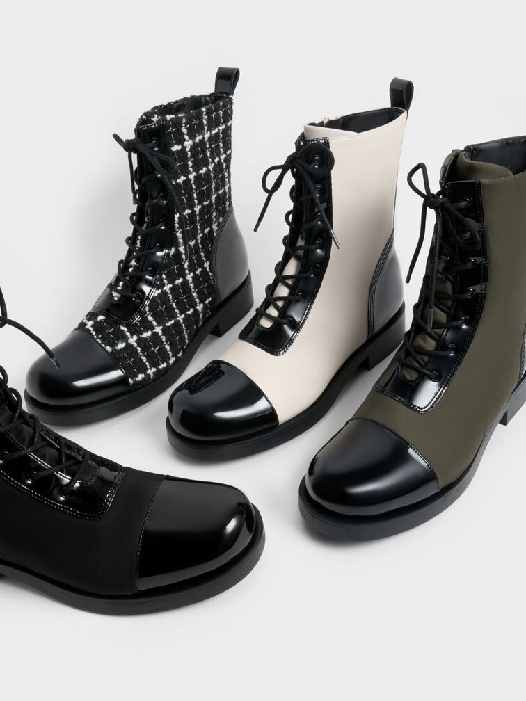 Nylon & Patent Combat Boots, Black, hi-res