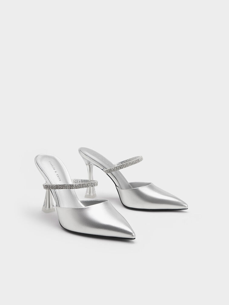 Gem Strap Metallic Mules, Silver, hi-res