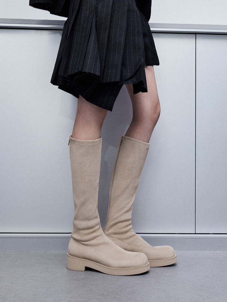 Botas hasta la rodilla con suela gruesa de ante sintético, Beige, hi-res