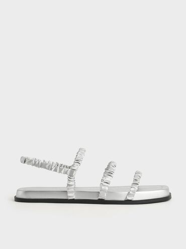 Recycled Polyester Ruched Strappy Sandals, Silver, hi-res