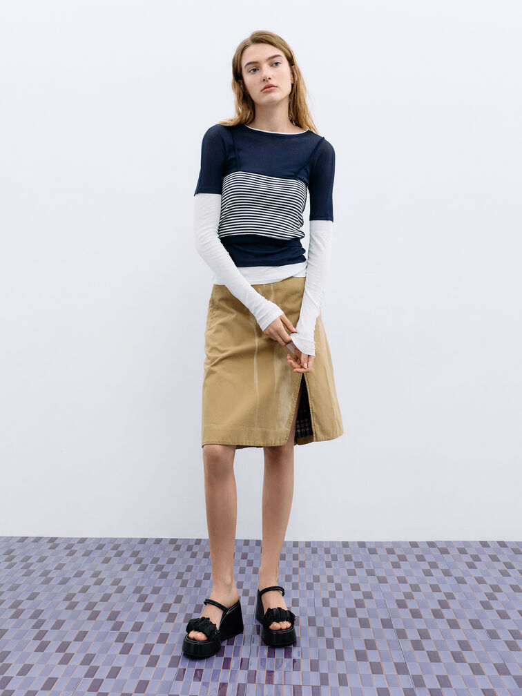 Ruched-Strap Platform Wedges, Black Textured, hi-res