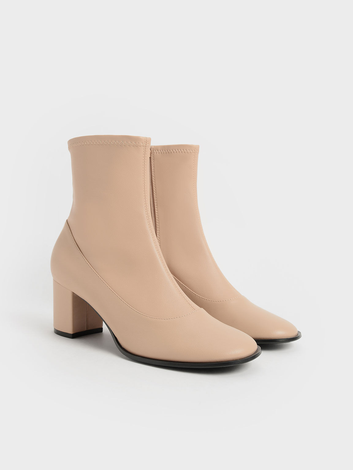Block Heel Side-Zip Ankle Boots, Beige, hi-res