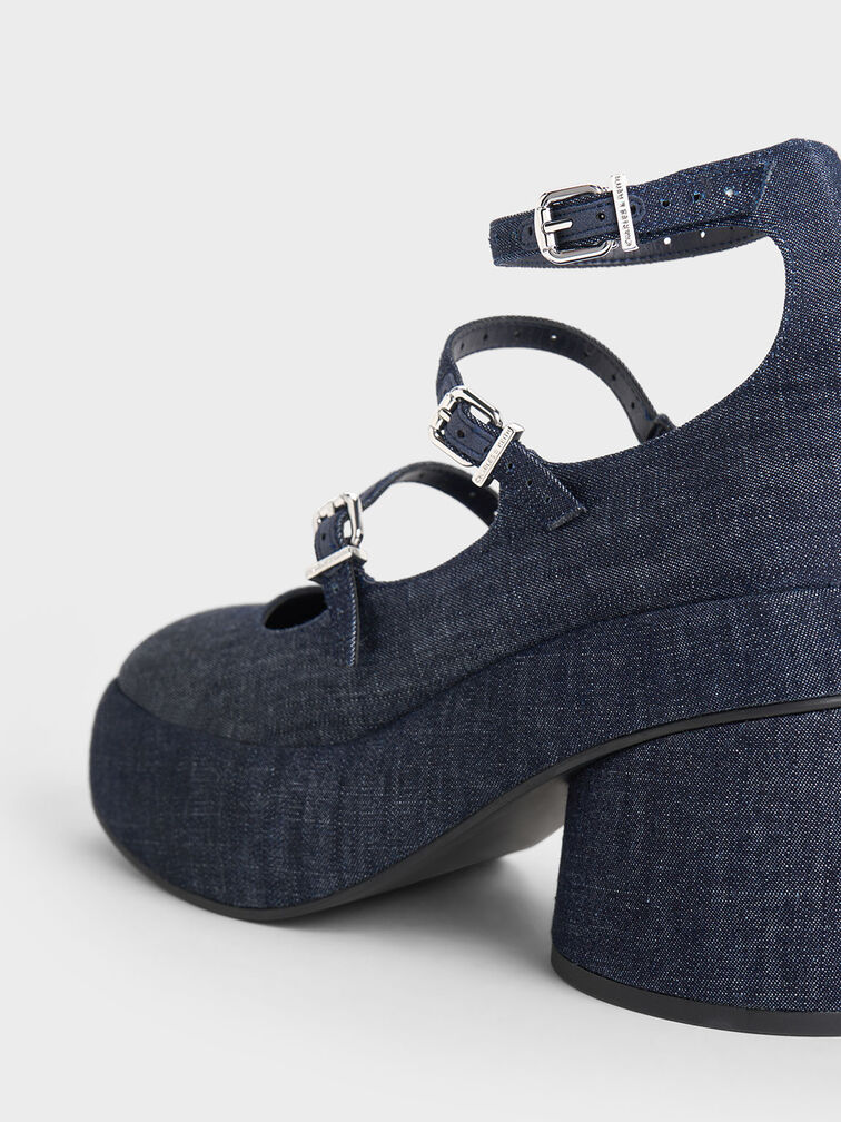 Luella Denim Triple-Strap Mary Jane Platform Pumps, Dark Blue, hi-res