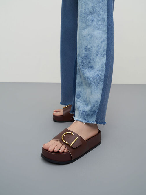 Metallic Buckle Flatform Sandals, Brown, hi-res