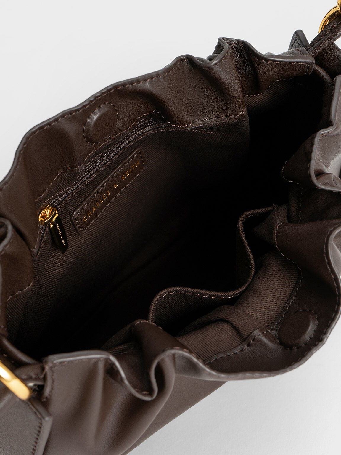 Ruched Chain Handle Drawstring Bag, Dark Brown, hi-res