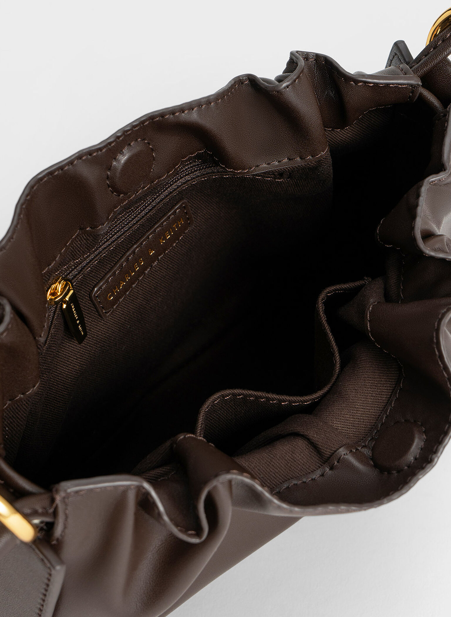 Ruched Chain Handle Drawstring Bag, Dark Brown, hi-res