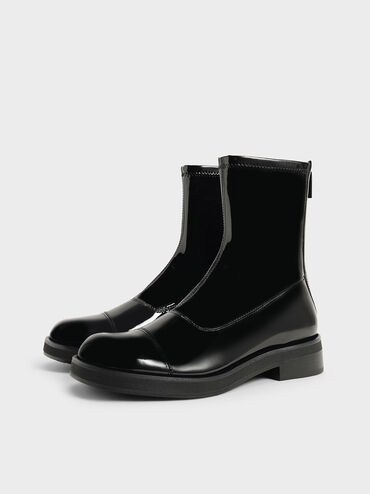 Patent Round Toe Zip-Up Ankle Boots, Black Textured, hi-res