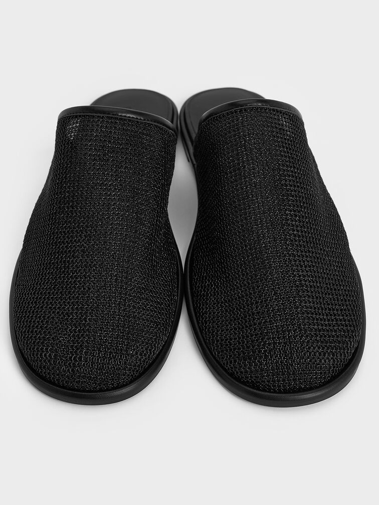 Mules de malla con empeine alto y suela plana, Negro texturizado, hi-res