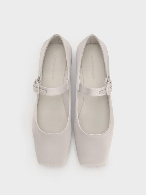 Satin Buckled Square-Toe Mary Jane Flats, Light Grey, hi-res