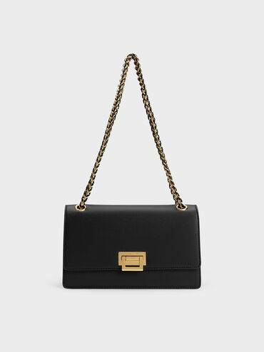 Bolso de hombro con asa de cadena, Negro, hi-res