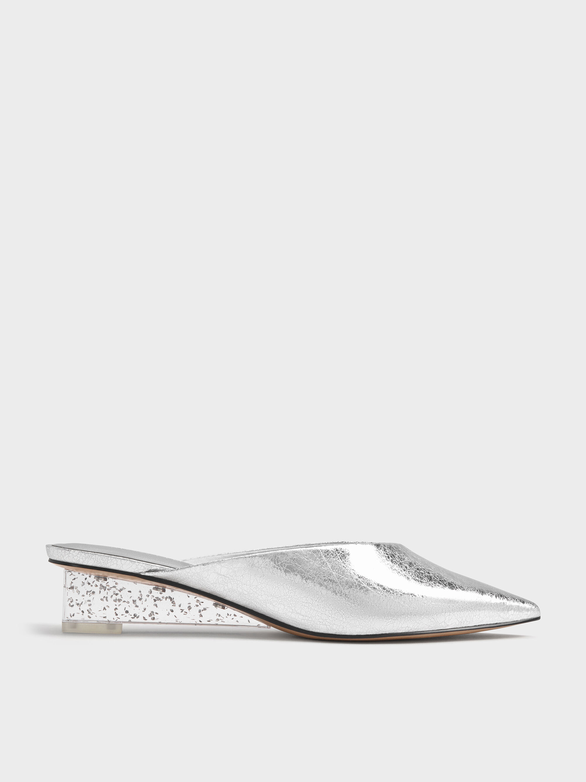 Silver Metallic Crinkle-Effect Speckled-Heel Wedge Mules​ - Silver