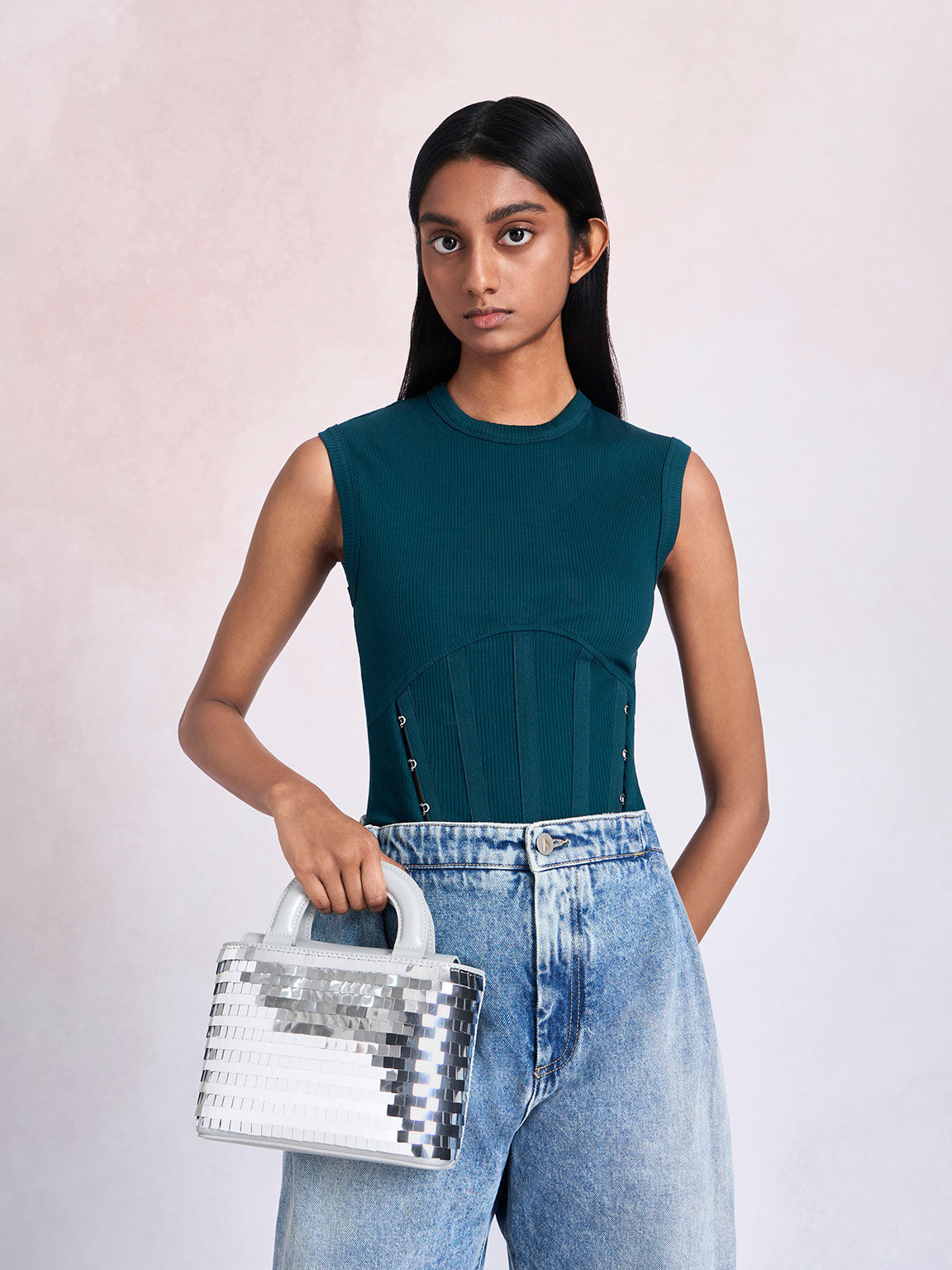Sequinned Double Handle Tote Bag, Silver, hi-res