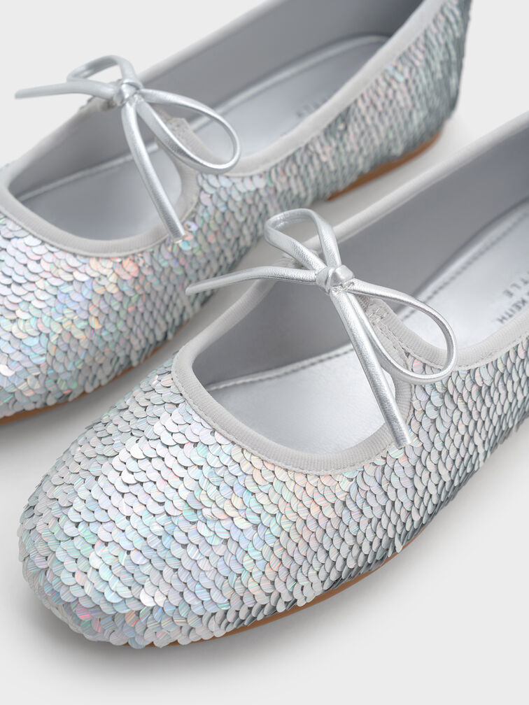 Girls' Sequin Metallic Bow Ballet Flats, Silver, hi-res