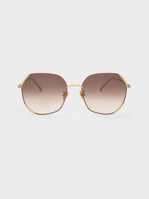 Geometric Wire-Frame Butterfly Sunglasses, Brick, hi-res