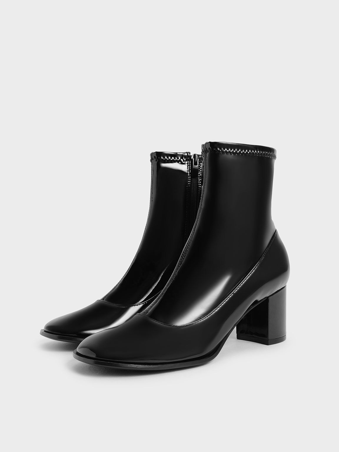Patent Block Heel Side-Zip Ankle Boots, Black Textured, hi-res