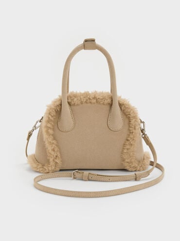 Bolso bowling Nelly de ante reciclado y borrego sintético, Nutmeg Beige, hi-res