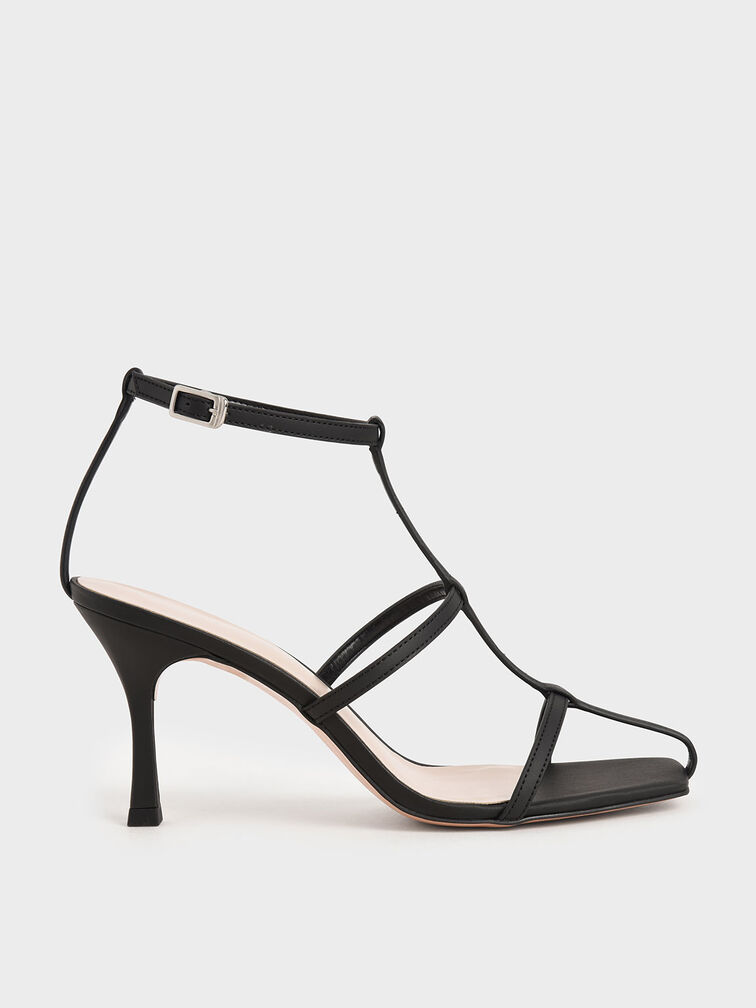 Caged Strappy Heeled Sandals, Black, hi-res