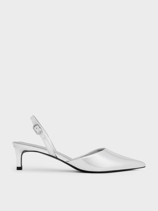 Metallic Pointed-Toe Slingback Kitten Heels, Silver, hi-res