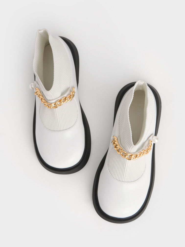 Girls' Chain-Link Knitted Sock Boots, White, hi-res