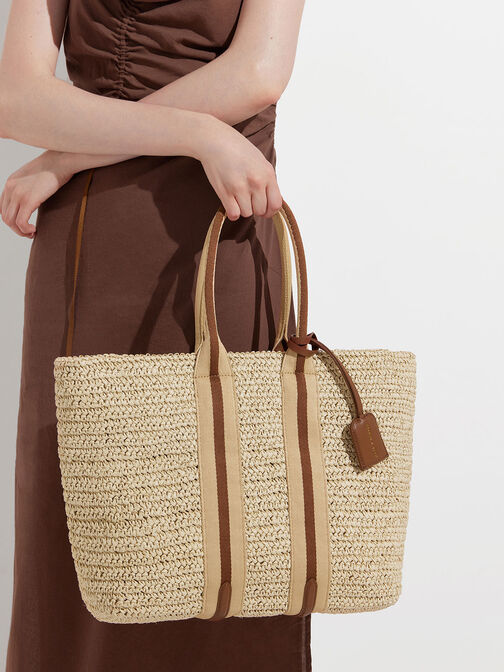 Striped Handles Raffia Tote Bag, Chocolate, hi-res