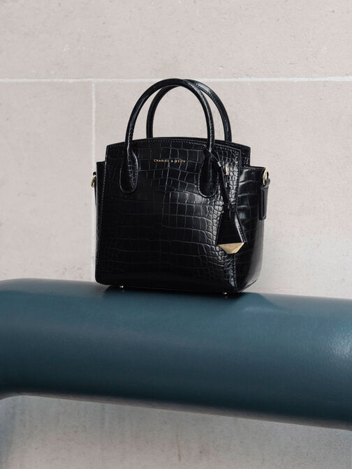 Croc-Effect Trapeze Tote Bag, Black, hi-res