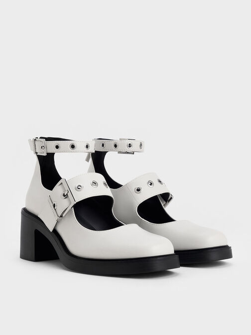 Grommet-Strap Mary Jane Pumps, White, hi-res