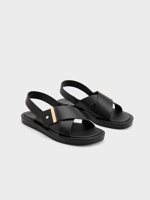 Crossover Back Strap Sandals, Black, hi-res