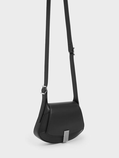 Metallic-Accent Curved Top Handle Bag, Black, hi-res